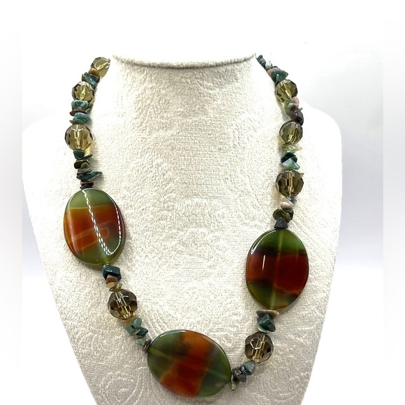 Agate Red & Green Onyx Agate Beaded Necklace Large Statement Big Bold - Picture 1 of 12